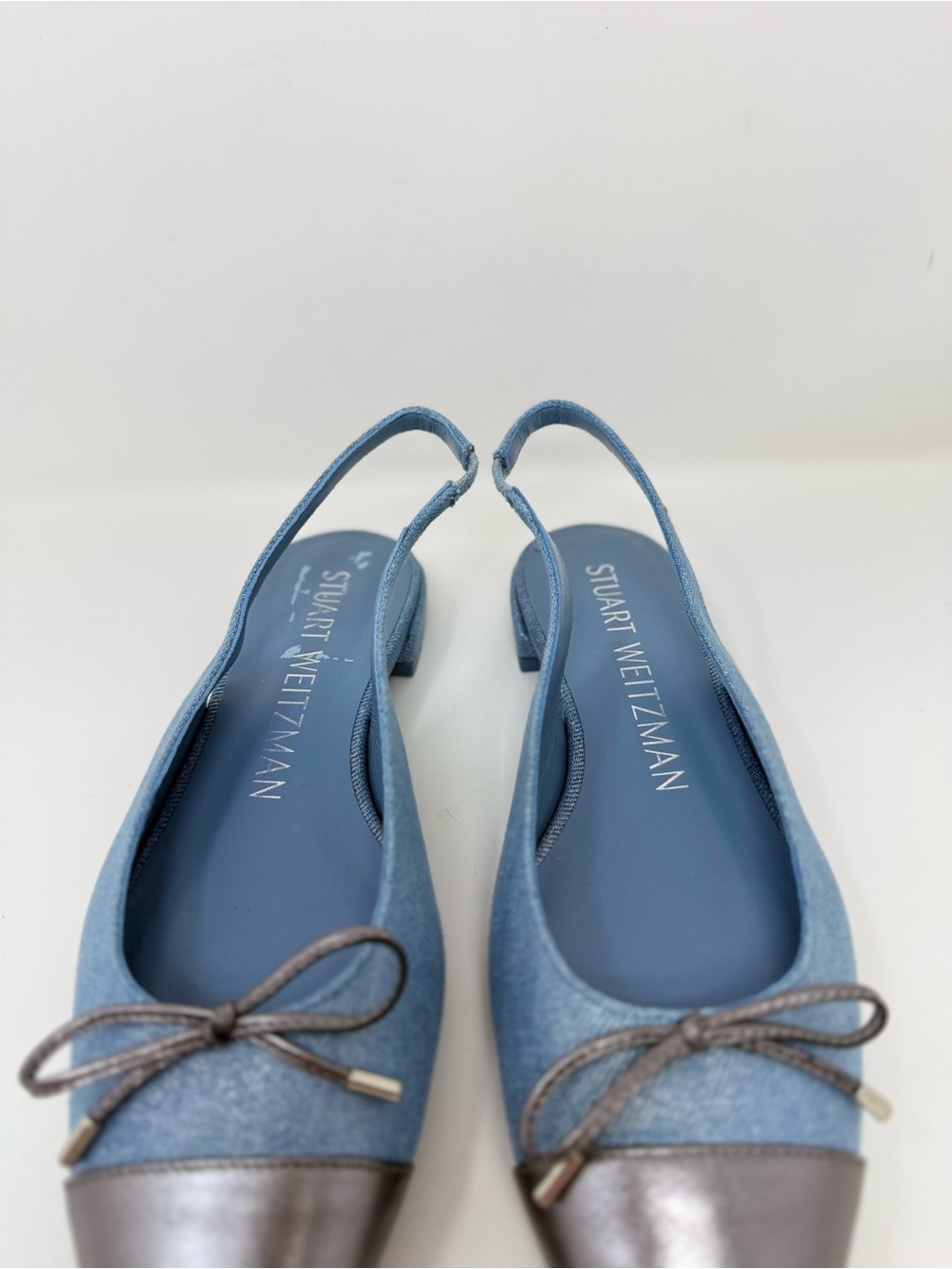 New Stuart Weitzman Sleek Bow Slingback Flat Metallic Denim Sz 7.5 - Picture 10 of 15